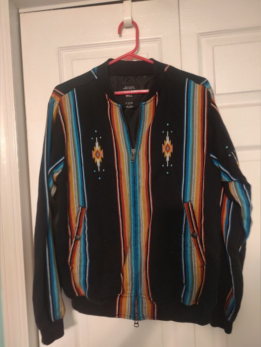 10.Deep Men’s Bomber Jacket Full Zip Lined Striped Black Multicolor Size S